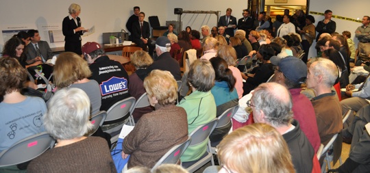 BPL president Amy Ryan speaks at Lower Mills meeting