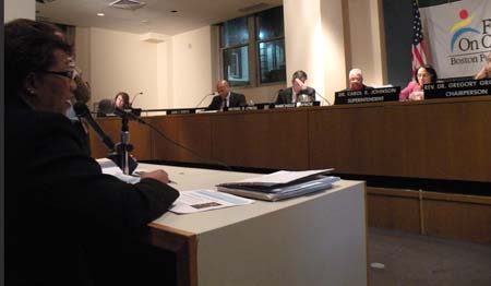 Boston Public Schools academic superintendent Linda Cabral explains the reasoning behind a new facilities proposal during a school committee meeting on Monday. Photo by Pat Tarantino