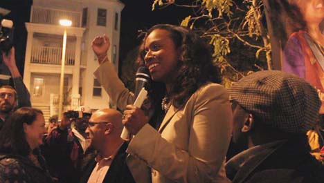 Pressley finishes first: The councillor addressed a cheering crowd outside her Dorchester Ave. headquarters on Tuesday night. Photo by Mike Deehan