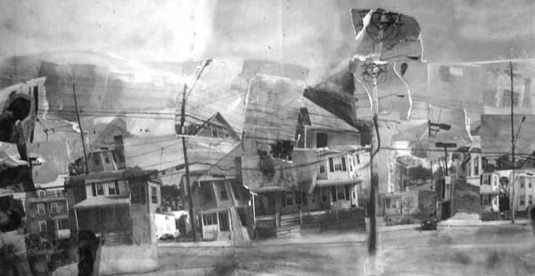 Dorchester artist Adam Bullock’s collages include street scenes from the neighborhood. His work is among those featured at a new exhibit on the third floor of City Hall. 