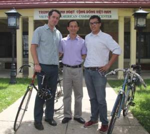Bike ride to NYC will raise funds locally: Pete Stidman of Boston Cyclist Union, Viet-AID’s Nam Phan, and Phi Tran. Photo by Elizabeth Murray