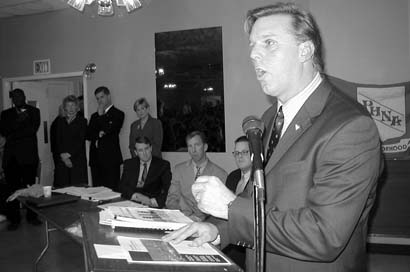 Sen. Hart at McKeon Post meeting on UMass plans to build dorms, March 2003: His opposition to building student housing at UMass Boston was pivotal. Photo by Bill Forry 