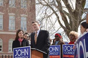 City Councillor John Connolly and his wife Meg at his announcement on Tuesday. Connolly for Boston image