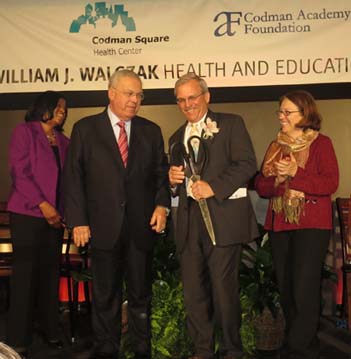 Walczak building dedication on March 19, 2013: from left, Codman CEO Sandra Cotterell, Mayor Tom Menino, Bill Walczak and Meg Campbell, executive director of Codman Academy. Photo by Ed Forry