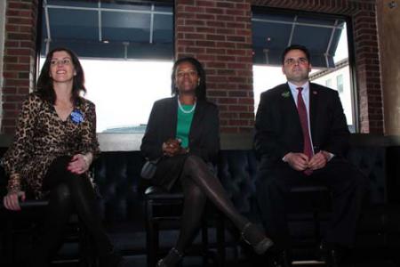 Senate primary on Tuesday: Democratic candidates Maureen Dahill, Linda Dorcena Forry, and Nick Collins at Monday’s DotOUT forum in Savin Hill. Mike Deehan photo