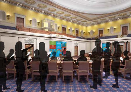 US Senate comes to Dorchester: A rendering shows the Edward M. Kennedy Institute for the United States Senate, presently under construction on the Columbia Point campus of UMass Boston. The centerpiece of the building is a 10,000 square foot “representation” of the actual Senate chamber, where visitors can participate in interactive debates. 	Images courtesy Edward M. Kennedy Institute for the United States Senate