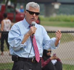 Dan Conley: Suffolk County DA spoke during an annual youth soccer tournament he sponsored at Pope John Paul II Park this month. Photo by Bill Forry
