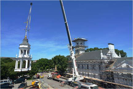 Lift-off of the new First Parish steeple in August 2013.