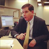 Mayor Martin J. Walsh took a turn manning the 24 hour hotline set up for constituent calls during Tuesday night's snowstorm. The minor winter storm was a good opportunity for the new administration to show its capacity for handling a snow emergency, which was declared by Walsh on Tuesday afternoon.  Photo courtesy Mayor's Office.