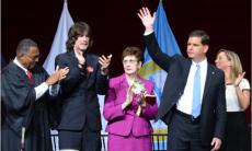 Mayor Walsh: The new mayor waved to the Conte Forum crowd on Monday, Jan. 6, 2014. Photo by Chris Lovett