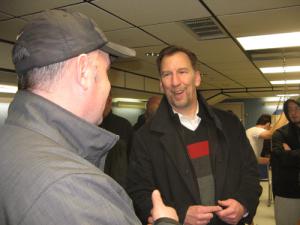 John OToole: The candidate speaks with a potential supporter at the John P. McKeon AmVets Post 146 on Sat., Feb. 1.                                     Photo by Dave Eisenstadter