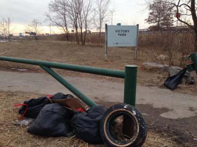 Park needs clean-up: Trash and debris piled up at Victory Road Park last weekend. Photo by Steve Bickerton, Jr.