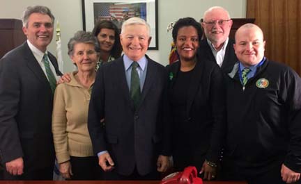 Bulger-Forry teamed up for St. Patrick's Day video.: Pictured in the group are James Rooney of the Boston Convention and Exhibition Center, Mrs. Mary Bulger, Jeanne Sullivan, President Bulger, Sen. Forry, Edward W. Forry, and Sean Pierce.  
