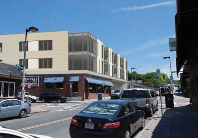 An architect’s rendering depicts a proposed condominium project above and next to Savin Bar &amp;amp;amp; Kitchen on Savin Hill Avenue. Image courtesy RODE Architects Inc.