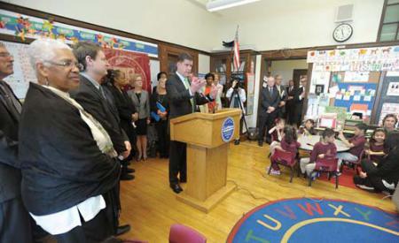 Pre K Planning: Mayor Martin Walsh announced the formation of a Universal Pre-Kindergarten Advisory Committee last week in East Boston. 	Photo by Isabel Leon/Mayor’s Office
