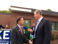 Gubernatorial candidates Steve Grossman, a Democrat, and Charlie Baker, Republican, crossed paths outside Florian Hall just after 6 p.m. on Tuesday. Lauren Dezenski photo
