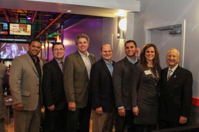 Among those on hand for the launch of the Boston Bowl Xperience were: (l-r) Jerome Miles,  Paul Fabianski,  Joe Sammartino,  Phil Strazzula,  Matt Sammartino,  Beth Sammartino  and Lou Pasquale. Photo by Clifford Bonnet