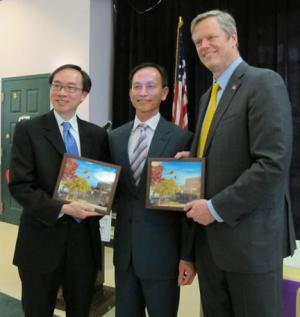 Proudly Asian and Republican: The author Nam Pham, center, with Gov.-elect Charlie Baker, right and Leverett Wing.