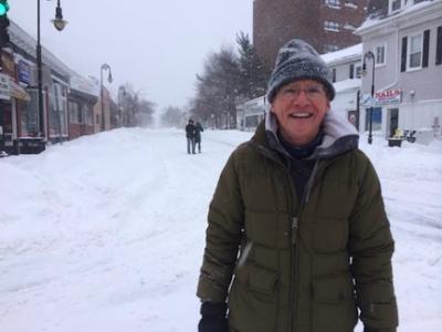 John Gallagher: Milton resident walked top his insurance business— and back— to clear his property of snow on Tuesday, Jan. 27, 2015. His walk took about 50 minutes each way. Photo by Bill Forry