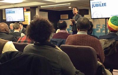 State Senator Linda Dorcena Forry spoke at a meeting last Thursday evening at Jubilee Christian Church in Mattapan. Photo courtesy Sen. Forry&amp;#039;s office.