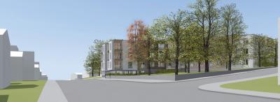 A rendering shows a proposed new apartment building along Dorchester Avenue on the campus of The Boston Home.                                                                                                                         Image courtesy TBH