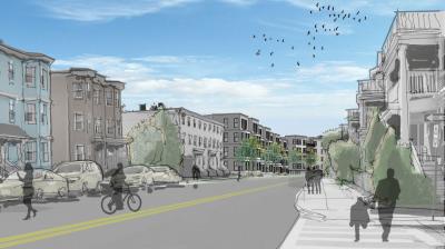 A rendering by RODE Architects shows what new buildings might look like along Pleasant Street in a proposal just submitted to the BRA.