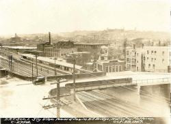 Looking southeast, this 1927 photograph shows the wide expanse of railroad tracks that was demolished some 30 years later to make way for the Southeast Expressway.