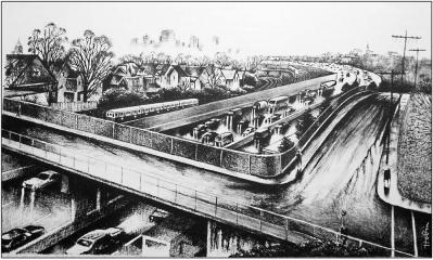 This lithograph shows the Southeast Expressway looking north from Hubbardston Road, with the Savin Hill Ave. bridge in the foreground. 	Art work by James Hobin (1994)