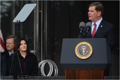 Mayor Walsh speaks at EMK Institute dedication: Photo by Chris Lovett