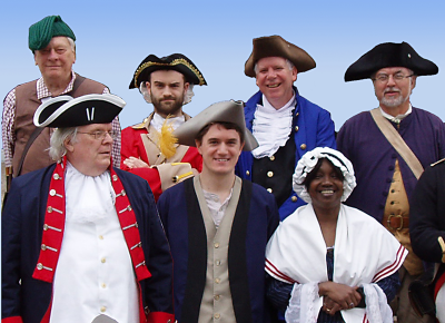 History Slam Actors, clockwise from bottom right:: Valerie Foxx as Phyllis Wheatley; Dennis Hickey as Jonas Hartwell; J. Archer O'Reilly III as General Henry Knox; Dan Moylan, drummer; Alex Rittershaus as a British soldier; Robert Allison as John Rowe; Doug Quigley, fifer.