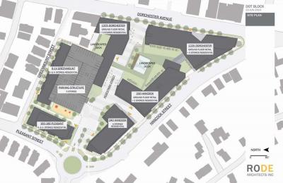A map designed by RODE Architects, Inc., visualizes the layout of the proposed DOTBlock property – which would include 42 units of housing.