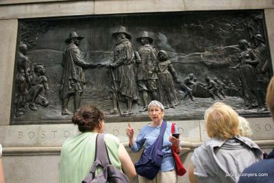 Rose Doherty, president of the Partnership of the Historic Bostons, speaks to attendees before the Founders Monument in Boston during a Founders Walking Tour. Photo courtesy Jacob Sconyers