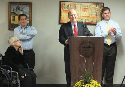 Boston Housing Authority Bill McGonagle spoke during a press conference at the Peabody/Englewood Apartments in Peabody Square on Tuesday. Listening on were resident Jean Patterson, City Councillor Frank Baker and Mayor Martin Walsh. The city agency will spend $3 million to spruce up 22 senior and disabled apartment complexes across the city over the coming months. Isabel Leon/Mayor’s Office photo