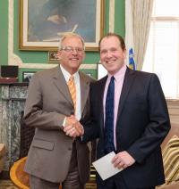 The state’s Director of Boards and Commissions, Ed Palleschi, swore in Dorchester’s Bill Walczak, left, as chair of the Bunker Hill Community College Board of Trustees in a ceremony at the State House on October 22.