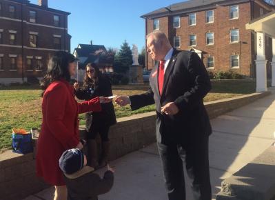 Councillor Steve Murphy : The incumbent councillor sought to connect with voters before they entered a double precinct at St. John Paull II Catholic Academy on Neponset Avenue on Tuesday morning. Bill Forry photo