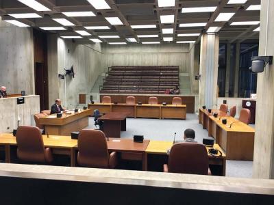 Councillor Charles Yancey, at left, spoke during a hearing of the Post Audit and Oversight committee that he chairs in the Boston City Council chamber. The hearing, which lasted just 15 minutes, was attended by members of the media.