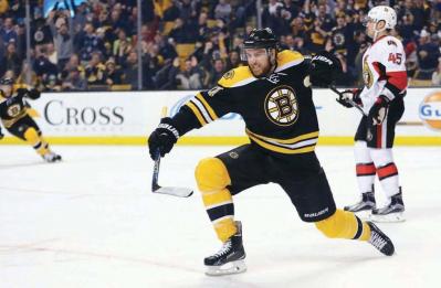 Jimmy Hayes celebrates his first NHL hat trick against the Ottawa Senators two weeks ago. Photo courtesy Boston Bruins