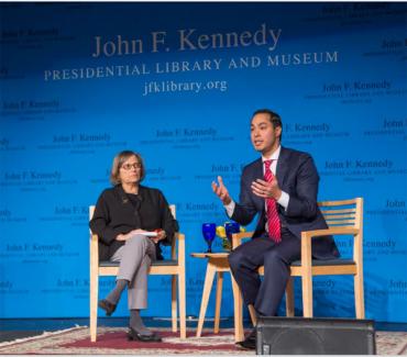 HUD Secretary Julián Castro: At left: Moderator Renee Loth. Photo by Tom Fitzsimmons/JFK Library