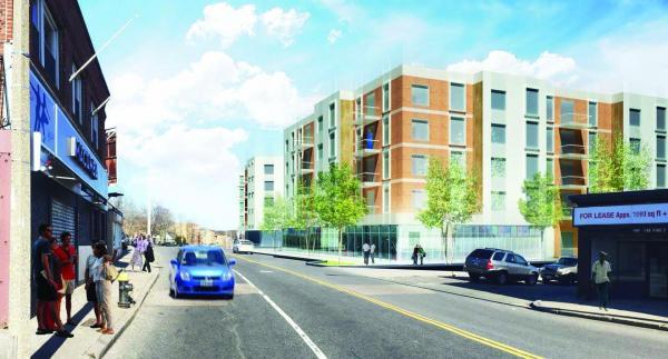 A rendering shows an early design of a mixed-use building on River Street planned by Nuestra Comunidad Development Corporation and the Preservation of Affordable Housing Inc.